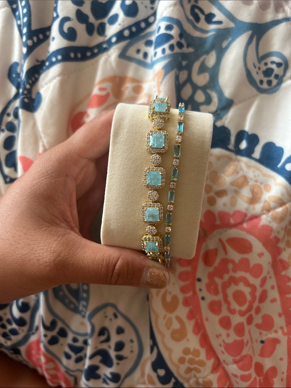 Gold Tennis Bracelet with Aqua Blue Gemstones